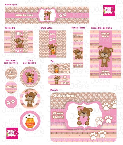 Kit digital Ursinha marron e rosa