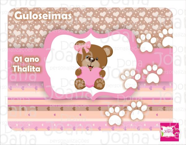 Rótulo para tampa marmita 500ml Ursinha marron e rosa