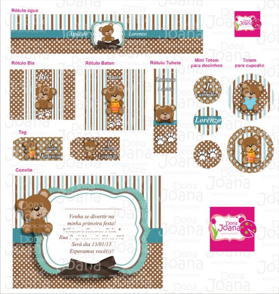 Kit digital Urso Marron e Rosa